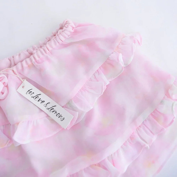 For Love And Lemons Pink & Cream Floral Ariana Layered Ruffle Mini Skirt S - Picture 6 of 10